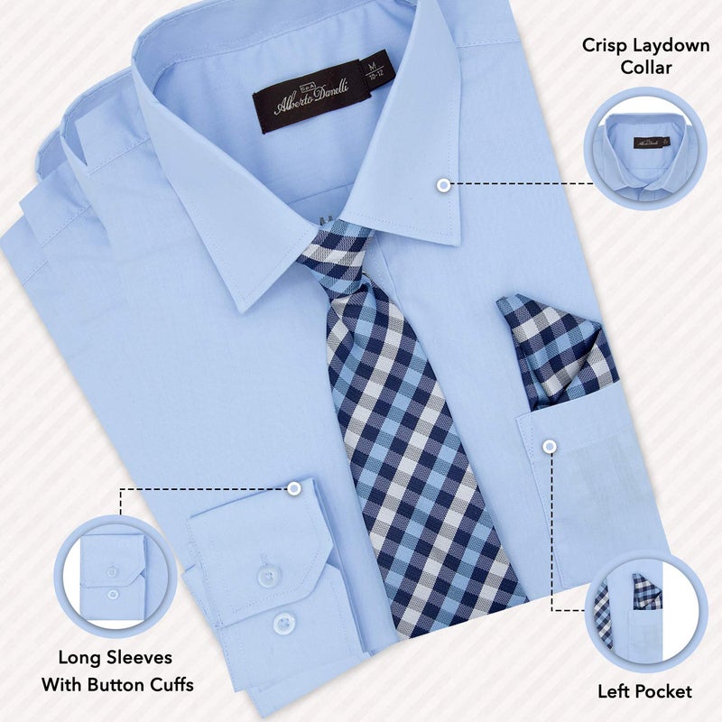 Alberto Danelli's Boys Long Sleeve Dress Shirt with Matching Tie and Handkerchief, 8, Sky Blue - Image 3
